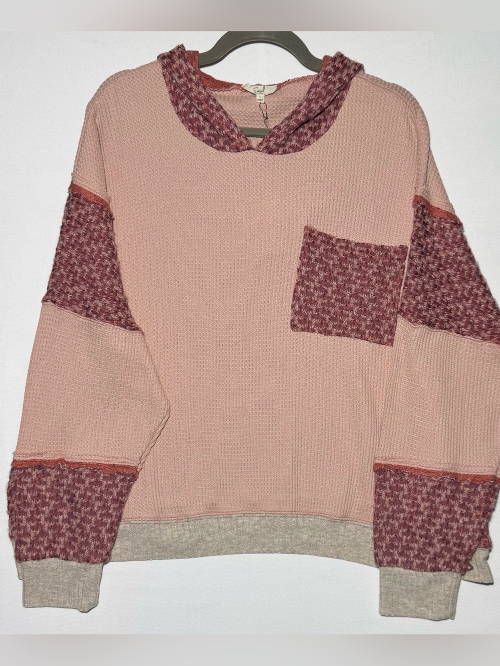 *Easel Los Angeles* Women's Oversized Dusty Rose Mixed-Knit Pullover Sweatshirt